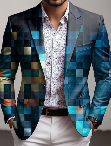  Herre Geometrisk Blazer jakke Frakk Bekvem Pustende Kunstnerisk Fritid Avslappet Daglig Festkveldsklær 3D-utskrift Knapper Multi lomme Vår Høst vinter Med hakk Langermet Blå Rød Lilla