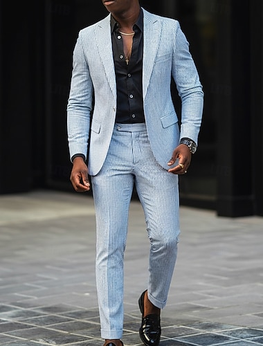  Menn Seersucker-drakter Strandbryllup Vårbryllup Rosa Himmelblå Vår sommer Dress Spissjakkeslag Daglig Fritid Stripet Slank Fasong 2-delt sett Enkelt Brystet Enn-knapp