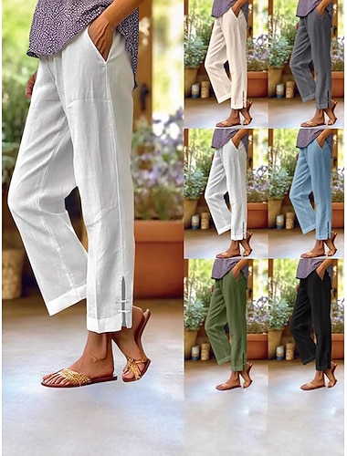  Dame Imitert bomullslin kinesisk Sommerbukser Ferie Gatemote Grunnleggende Full lengde Middels midje عادي Lomme Elastisk midje comfy Komfort Uelastisk Daglig utendørs Feriereise Grå Svart Hvit