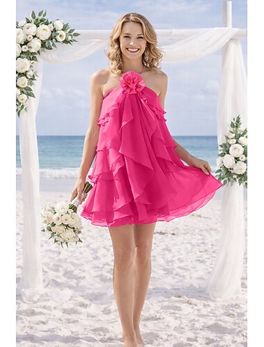  Linha A Curto Mini Vestido de festa Vestido de convidada de casamento Vestidos para convidadas de casamento Diário Festa Sem Manga Halter pescoço Festa de Jardim Reunião de Classe com Flores 3D