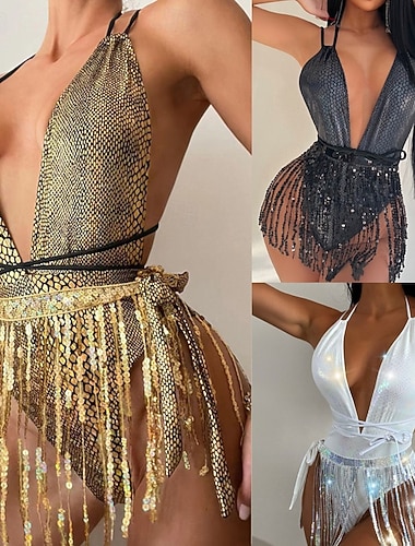  Body à décolleté en V profond en sequins et franges samba costume de performance