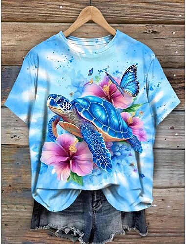  Dame T skjorte Trykt mønster Grafisk Dyr Sjø skilpadde Årgang Stilfull Klassisk Kortermet Crew-hals Vanlige topper Daglig Helg Blå Oransje Sommer Vår