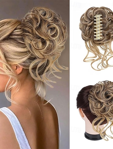  Haarteile für unordentliche Duttfrisuren für Damen, künstliche Haarknoten-Extensions, Clip-in-Pferdeschwanz, natürliche Haarverlängerungen, Haarteile für Damen (braune Mischung, natürliches Blond)