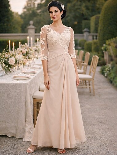  A-الخط طول الأرض فستان زفاف ضيف فستان رسمي فستان سهرة فستان أم العروس نصف كم V رقبة أنيق قياس إضافي انظر من خلال ضيف حفل زفاف شيفون مع زينة ثنيات جانبية