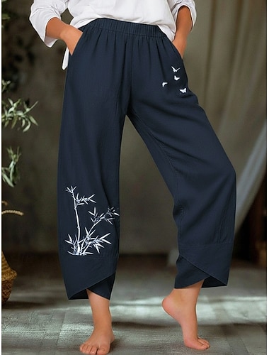  Damen Sommerhose 100% Baumwolle Hosen Hose Leicht Lässig Knöchellang Niedrige Leibhöhe Grafikdrucke Tasche Atmungsaktivität Bequem Unelastisch Alltagstauglich Wochenende Marinenblau Schwarz aschgrau
