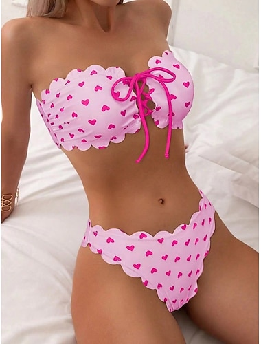  Mulheres Roupa de Banho Biquíni 2 partes Cavado roupa de banho Delgado Frente Única Férias Roupa de Praia Coração Sem Alças Sem Manga Fatos de banho