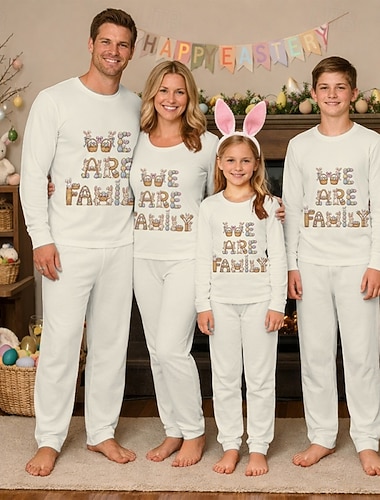  משפחה פסחא פיג'מות גראפי אַרנֶבֶת קזו'אל דפוס בז' שרוול ארוך חופשה תלבושות תואמות
