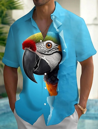  Herre 3D Print Fugl Papegøye Hawaii skjorte Skjorte med knapper Aloha skjorte Kortermet Hawaiisk Avslappet Feriereise Sommer Vår Aftæpning 3D-utskrift krage skjorter Front One Lomme Blå Oransje Grønn