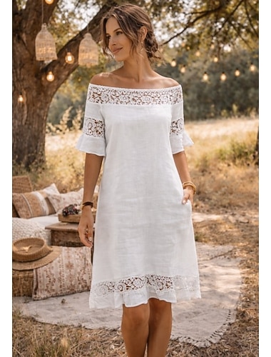  Damen Midikleid 100% Baumwolle Shiftkleid Sommerkleid Freizeitkleid Mode Modern Lässig Täglich Outdoor Urlaub Normale Passform Einfach Kurzarm Schulterfrei Weiß Sommer Frühling