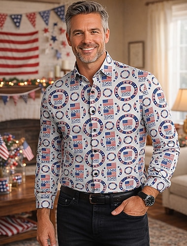  250-årsjubileum i USA Retro / vintage 1970erne قميص Aloha skjorte Lange Ermer Hippie Geometrisk Etnisk Kostyme Herre Maskerade 4. juli Fest Uavhengighetsdagen Voksne Trøye