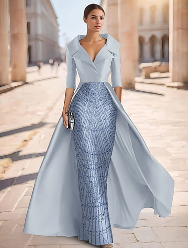  A-linje Gulvlengde Perlebrodert Formell kjole Kjole til brudens mor Kveldskjoler Ballkjole med overskjørt Formell kjole Elegant Silkete Halvlange ermer Skjortekrage Bryllup Formell Sateng med Glimmer