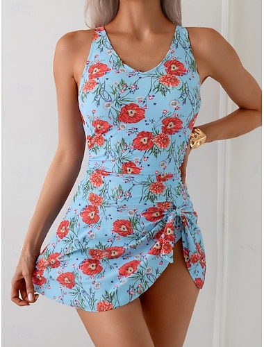  Damen Badeanzug Einteiler Monokini Badeanzugkleid Burkini Bademode Bauchkontrolle Hohe Taille Schlank Rückenfrei Urlaub Strandbekleidung Blumen Grafik V Ausschnitt Ärmellos Badeanzüge