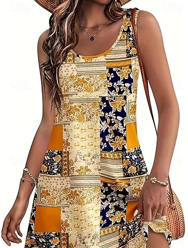  Mujer Mini vestido Vestido de verano Vestido de una línea Vacaciones Casual Playa Fiesta Boda Ajuste regular Floral Graphic Cachemir Sin Mangas Escote en U Marrón claro Marrón Azul Oscuro Verano