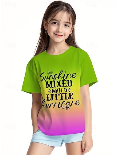  Ragazze 3D Grafico Lettera Maglietta Manica Corta Stampa 3D Estate Primavera Sport Moda Streetwear Bambini 4-12 Anni Girocollo Casuale Quotidiano All'aperto Vestibilità regolare