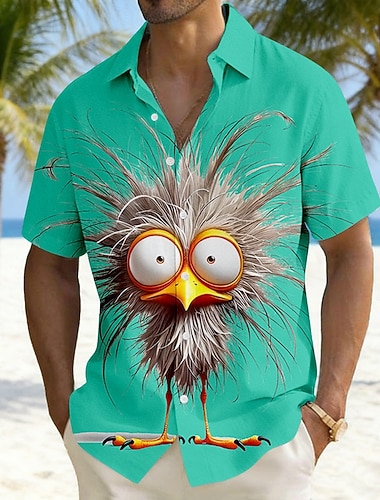  Herren Cartoon Vogel Küken Sommer Hawaiihemd Knopfhemd Alohahemd Kurzarm Lustig Urlaub Ferien Strandbekleidung Sommer Frühling Umlegekragen 3D-Druck Leinenähnliches Hemd Blau Grün Khaki Grau