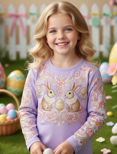  Pasqua Ragazze 3D Grafico Coniglio Maglietta Manica Lunga Stampa 3D Primavera Autunno Sport Moda Streetwear Bambini 4-12 Anni Girocollo Casuale Quotidiano All'aperto Vestibilità regolare