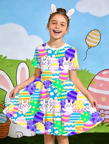  Ostern Mädchen' 3D Grafik Kaninchen Kleid Kurzarm 3D-Druck Sommer Frühling Täglich Urlaub Party Niedlich Basic Lässig Kinder 4-12 Jahre Freizeitkleid A Linie Kleid Knielang Normale Passform