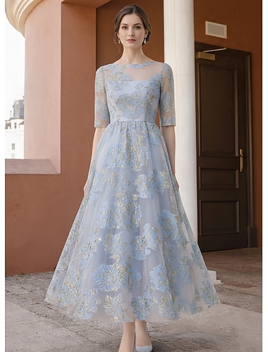  A-linje Gulvlengde Ankellengde Midi kjole Festkjole Kjole til brudens mor Halvlange ermer Crew-hals Illusjon Hals Elegant Årgang Formell Semi-formelt Jacquard med Plissert