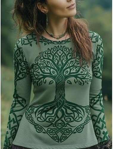  Naisten Boho paita T-paita Painettu Kukka Kuvitettu Böömi Vintage Vapaa-aika Pitkähihainen Tiukka pyöreä kaula-aukko Tavalliset topit Päivittäin Viikonloppu Lomavaatteet Laivaston sininen Apila Kes