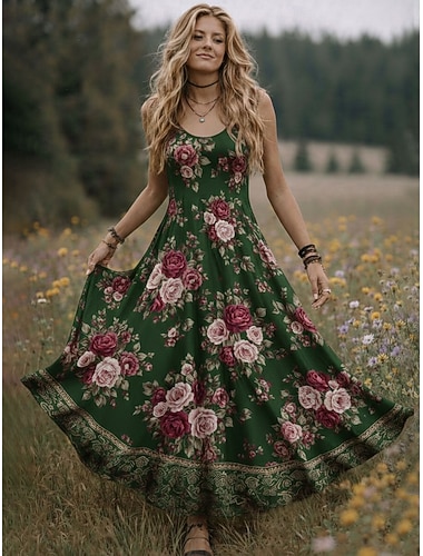 Damen Midi Kleid Boho Lässiges Kleid Swing Kleid Sommerkleid Vintage Strand Reguläre Passform Floral Grafik Ärmellos Rundhals Blau Rot Grün Sommer Frühling