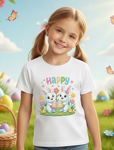  100% katoenen paas T-shirt voor meisjes in blauw, zwart en wit met grafische print van een konijn. T-shirt met ronde hals en korte mouwen, geschikt voor dagelijks gebruik, buiten, streetwear, sport,