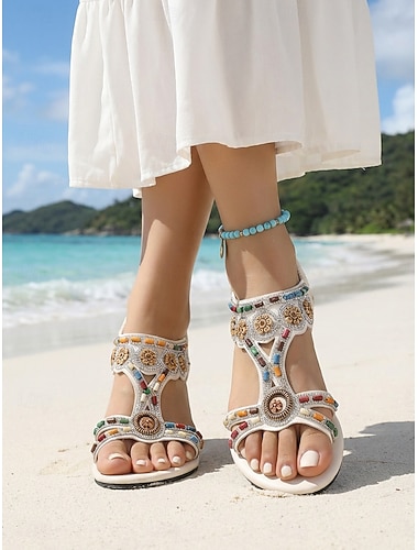  női fekete bohém lapos talpú szandál többszínű gyöngydíszítéssel – etnikai virágmintás T-pántos nyári cipő trópusi nyaralásokhoz és tengerparti utazásokhoz