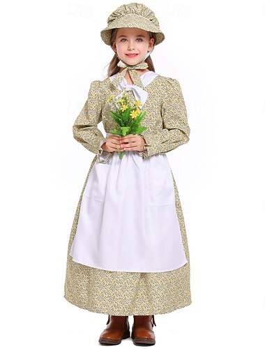  250º Aniversário EUA Período colonial século 19 Vestido Pradaria Conjunto de touca e avental Manga Comprida Garota Pioneira Colonial Guerra Revolucionária Floral Fantasia Para Meninas Dia Das Bruxas