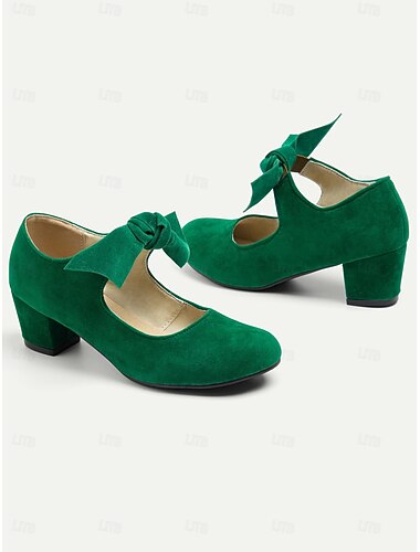  Dames Mary Jane pumps van smaragdgroen suède met een grote strik – vintage schoenen met ronde neus en blokhak voor St. Patrick's Day-vieringen en feestjes. &stijlvolle dames