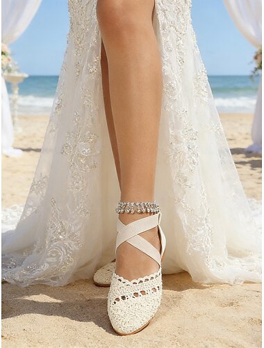  Witte dames ballerina's van gehaakt kant met gekruiste bandjes, boho bruidsschoenen voor strandbruiloften