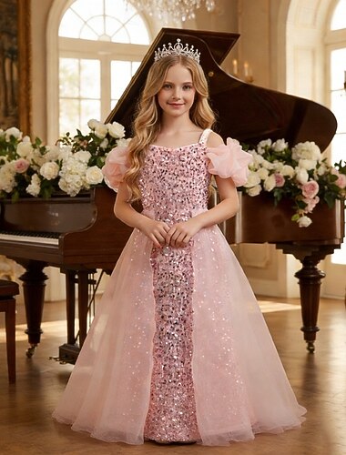  Vestido para Meninas das Flores Para Meninas Vestido formal Traje de casamento Festa Casamento Formal Elegante Moda Princesa Paetês Côr Sólida Sem Manga Gola Redonda Azul Prata 4 anos +