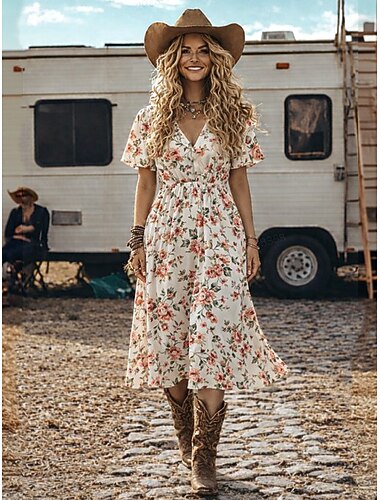  Vrouwen Midi Jurk Boho Strand Jurk Casual Jurk Chiffon Jurk Lange Mouw Jurk Elegant Bohemia Vakantie Vakantie Reguliere Pasvorm Bloemen Korte Mouw V-hals Blauw Lichtgroen Beige Zomer Lente