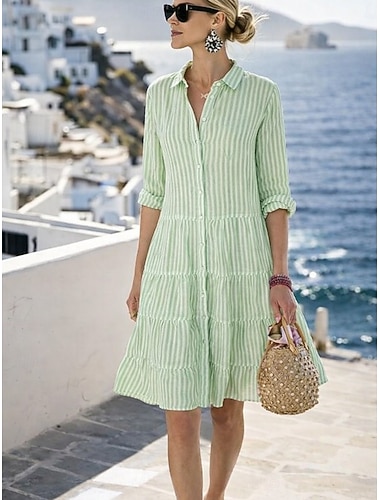  Damen Minikleid Shiftkleid Sommerkleid Lässig Täglich Normale Passform Gestreift Langarm Revers Blau Gelb Rosa Rote Sommer Frühling Herbst