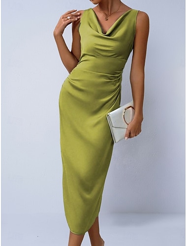  Damskie Sukienka midi Satynowa sukienka Sukienka na imprezę Sukienka obcisła Elegancja Moda Nowoczesny Na zewnątrz Urlop Wyjściowe Regularny Równina Bez rękawów Lejący się dekolt Jasnozielony Zielony