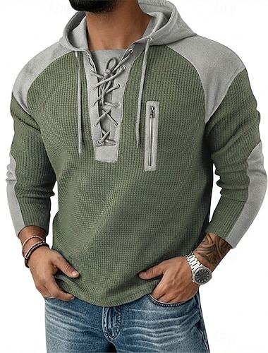  Herren Waffel T-Shirt T Shirt Waffel-Henley-Hemd Langarm Mit Kapuze Schnürhals Herbst Herbst Winter Einfarbig Texture Traditionell / Vintage Kapuzenshirt Kordelzug Lässig Heim Outdoor Hellblau
