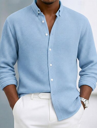  Herren Hemd Waffelhemd Freizeithemd Knopfhemd Schwarz Weiß Wein Marineblau Braun Langarm Einfach Revers Lässig Täglich Bekleidung Mode Streetwear Smart Casual