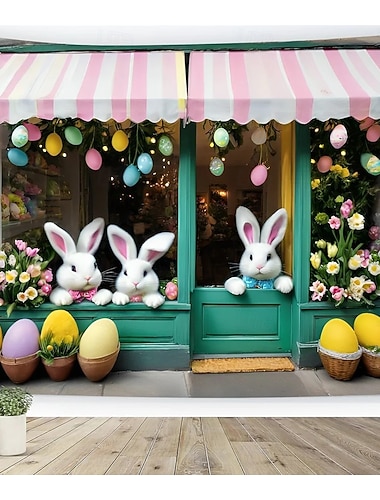  Wandteppich mit Osterhasenmotiv, bezauberndes Schaufenster mit pastellfarbenen Eiern und Blüten, festliche Frühlingsdekoration für Zuhause, perfekt für Osterdekorationen und saisonale Feierlichkeiten