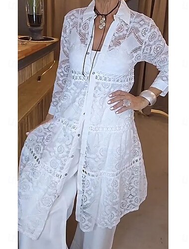  Dámské Halenka Oblečené topy Krajkové topy Nabírané šaty Krajka Slátanina Bez vzoru Elegantní dámy stylové Dlouhý rukáv Košilový límec Dlouhé topy Denní Práce Dovolená Vodní modrá Černá Bílá Světl