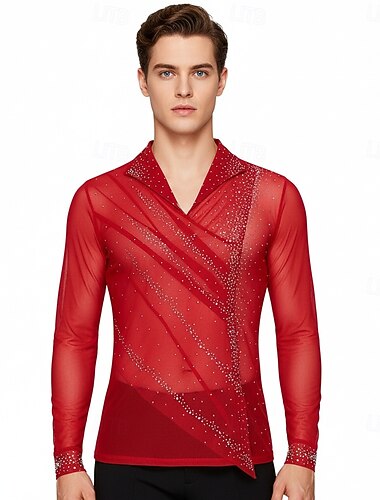  Kunstschaatstopje Voor heren Schaatsen Tops Zwart Wit Rood Lapwerk Rekbaar Opleiding Wedstrijd Kunstschaatskleding Klassiek Kristal / Bergkristal Lange mouw Schaatsen Kunstschaatsen