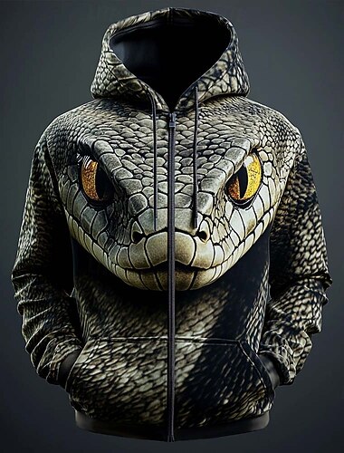  Homme Serpent Sweat à capuche zippé Sweat à capuche Sweatshirt Mode Frais 3D manche longue À capuche Vêtements de rue Vacances Sortir Marron Vert Marron 2 Marron 3 Cordon de serrage Fermeture éclair