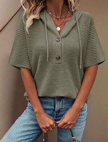  Damen Hemd Bluse Patchwork Knöpfe Einfach Elegant Stilvoll Klassisch Kurzarm Mit Kapuze Normale Oberteile Täglich Ferien Ausgehen Schwarz Weiß Rosa Rote Marineblau Sommer Frühling