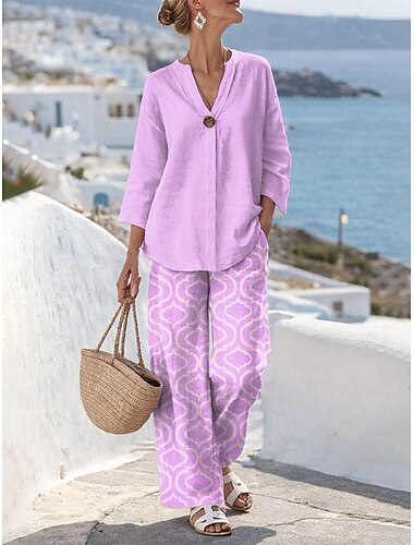  Set Due Pezzi in Lino da Donna Set di Pantaloni Top Bolero Maniche 3/4 Collo a V Grafica Stampa Geometrica Quotidiano Stile Casual Quotidiano Viola Verde Beige Primavera e Autunno Vestibilità Regolare