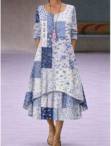  Damen Midikleid Shiftkleid Lässig Ferien Normale Passform Grafik Geometrisch Langarm Rundhalsausschnitt Weiß Marineblau Braun Beige Frühling Winter