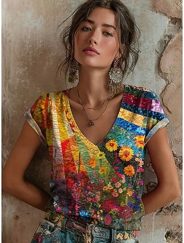  Femmes T-shirt Imprimé Fleuri Graphique ancien Élégant Classique Manche Courte Col en V Hauts Réguliers Quotidien Bleu Jaune Fuchsia Été Printemps
