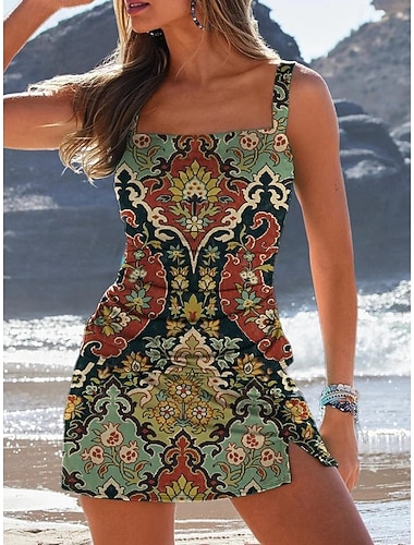  Femmes Maillots de Bain Une Pièce Jupe Maillot de bain Élégant Vacances Graphique Géométrique Sans manches Maillots de bain