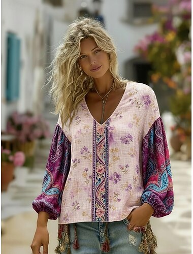  Γυναικεία Πουκάμισο Μπόχο πουκάμισο Λινό από ψεύτικο βαμβάκι Στάμπα Φλοράλ Γραφική Λαχούρι Βοημία Βίντατζ Κλασσικό Μακρυμάνικο Λαιμόκοψη V Κανονικά μπλουζάκια Καθημερινά Αργίες Εξόδου Βυσσινί