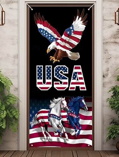  Bandeira patriótica do Dia da Independência dos EUA para porta, com a bandeira americana, águia e cavalo, decoração para o Quatro de Julho, placa para varanda, decoração para casa e exterior.