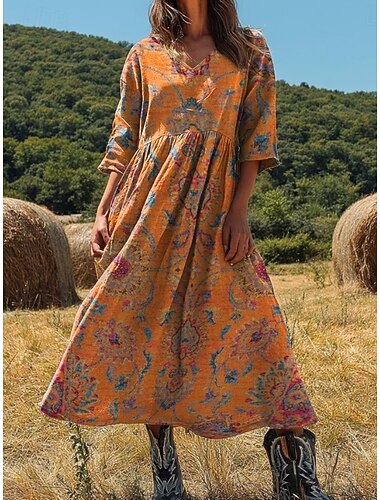  Női len hatású műszálas pamut len maxi ruha nyári ruha A vonalú ruha redőzött ruha vakációs laza boho kimenő kényelmes virágmintás grafika 3/4-es hosszú ujjú V nyakú kék narancs zöld szürke