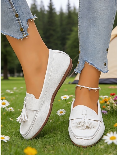  Weiße Quasten-Mokassins für Frauen – Weiche Slip-On-Schuhe aus Kunstleder für die Arbeit Wochenendausflüge Reisen und smarte lässige Looks