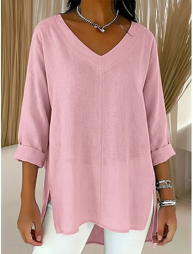  Dames Tuniek Zomer tops Blouse 100% Katoen Lapwerk Effen Kleur Elegant Dagelijks Stijlvol Lange mouw V-hals Normale tops Dagelijks Werk Feestdagen blauw Grasgroen Zwart Wit Blozend Roze Lente