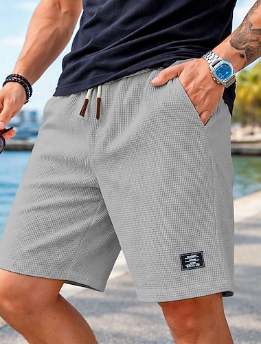  Herren Waffel-Shorts Shorts Sommershorts Freizeitshorts Kordelzug Tasche Elastischer Bund Einfach Einheitliche Farbe Komfort Atmungsaktiv Knielang Lässig Outdoor Urlaub Sport Lässig Schwarz Weiß